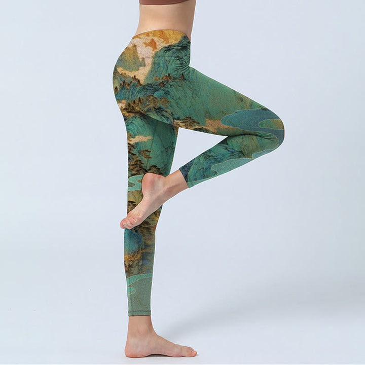 Buddha Stones im chinesischen Stil, grüne Berge, Landschaftsdruck, Lycra-Stoff, Fitness-Leggings für Damen, Yoga-Hose