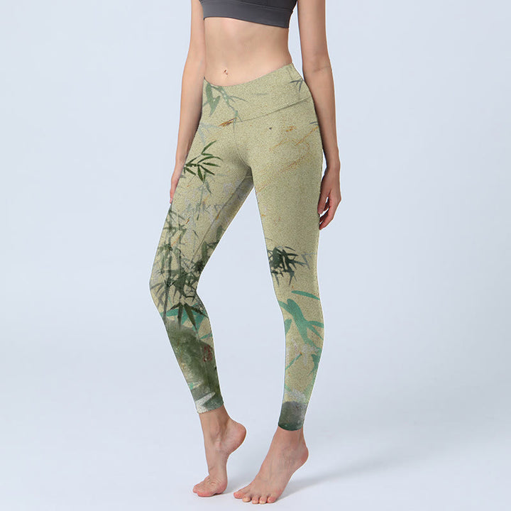 Buddha Stones Bambus Print Lycra Stoff Fitness Leggings Damen Yoga Hose