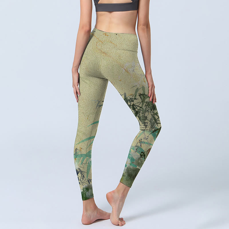 Buddha Stones Bambus Print Lycra Stoff Fitness Leggings Damen Yoga Hose