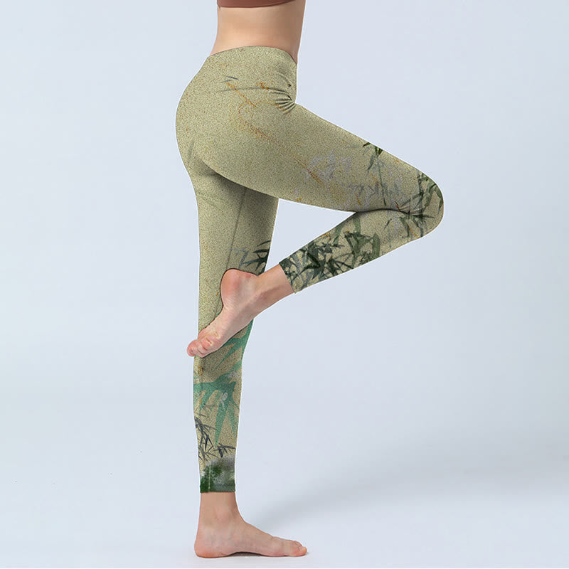 Buddha Stones Bambus Print Lycra Stoff Fitness Leggings Damen Yoga Hose