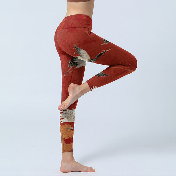 Buddha Stones Crane Print Lycra Stoff Fitness Leggings Damen Yogahose