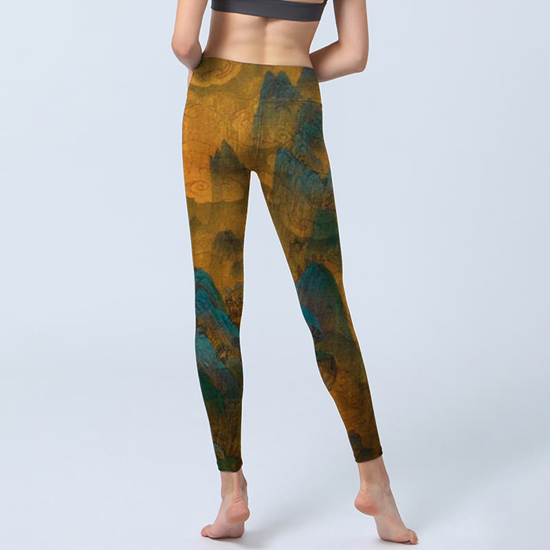 Buddha Stones Dark Goldenrod Mountain Print Fitness Leggings Damen Yogahose