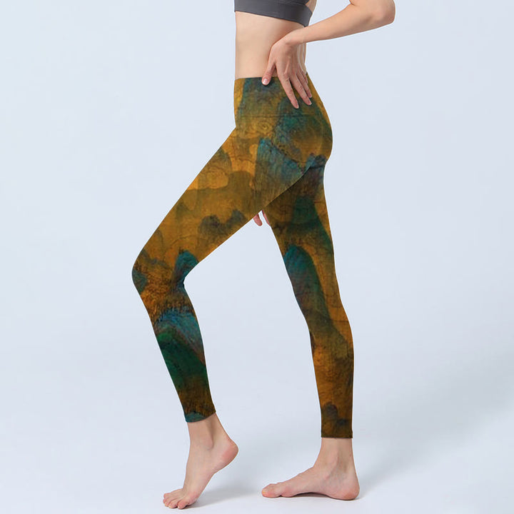 Buddha Stones Dark Goldenrod Mountain Print Fitness Leggings Damen Yogahose