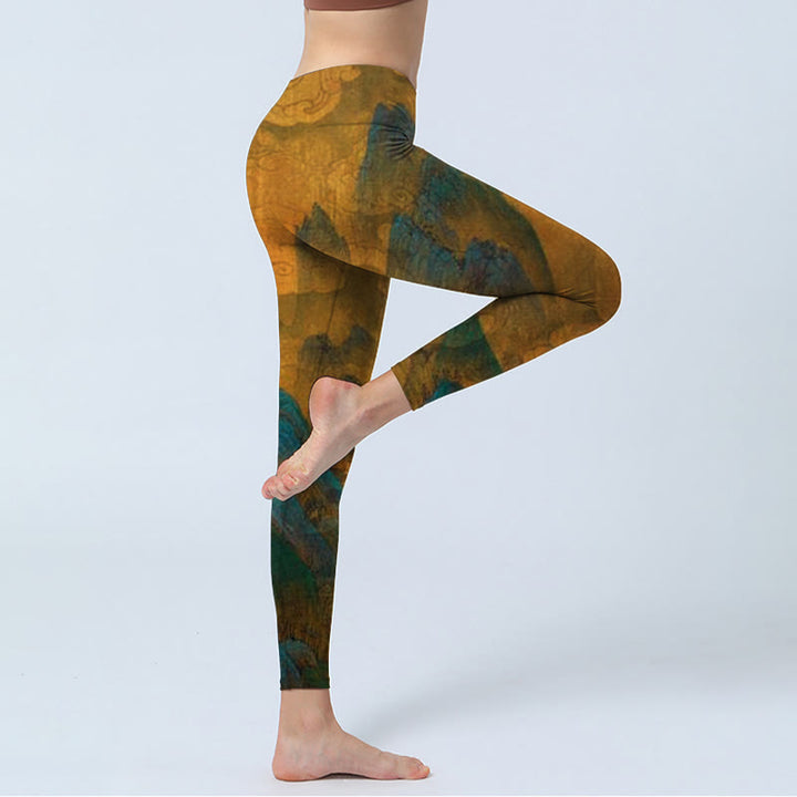 Buddha Stones Dark Goldenrod Mountain Print Fitness Leggings Damen Yogahose