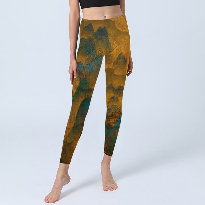 Buddha Stones Dark Goldenrod Mountain Print Fitness Leggings Damen Yogahose