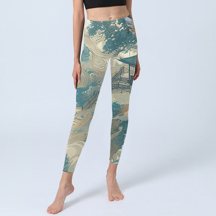 Buddha Stones Chinesische Architektur Dark Sea Green Print Fitness Leggings Damen Yoga Hose