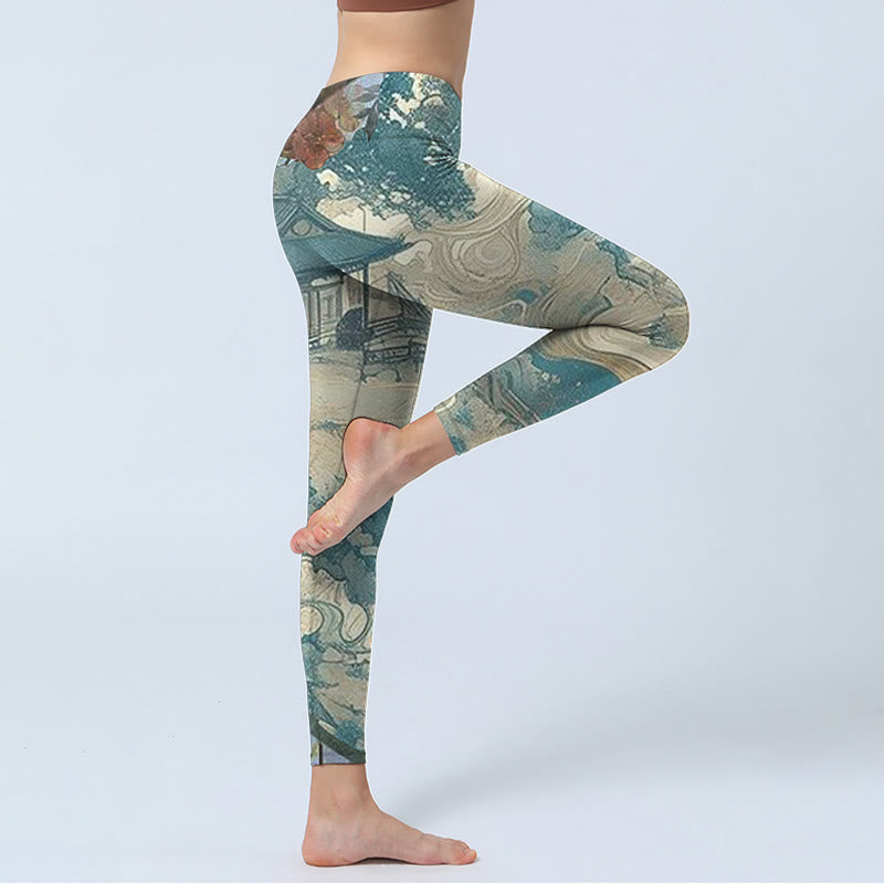 Buddha Stones Chinesische Architektur Dark Sea Green Print Fitness Leggings Damen Yoga Hose