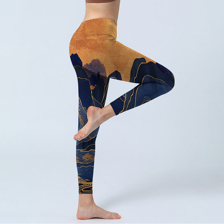 Buddha Stones Dunkelblau Berg Sonnenuntergang Druck Fitness Leggings Damen Yoga Hose