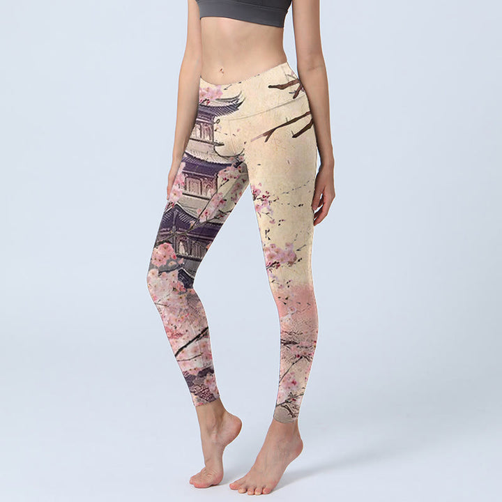 Buddha Stones Rosa Sakura Antike Gebäude Druck Fitness Leggings frauen Yoga Hosen