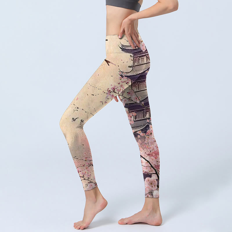 Buddha Stones Rosa Sakura Antike Gebäude Druck Fitness Leggings frauen Yoga Hosen