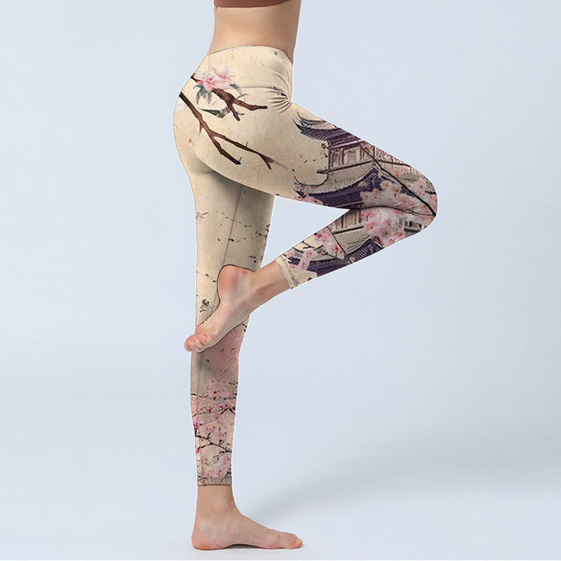 Buddha Stones Rosa Sakura Antike Gebäude Druck Fitness Leggings frauen Yoga Hosen