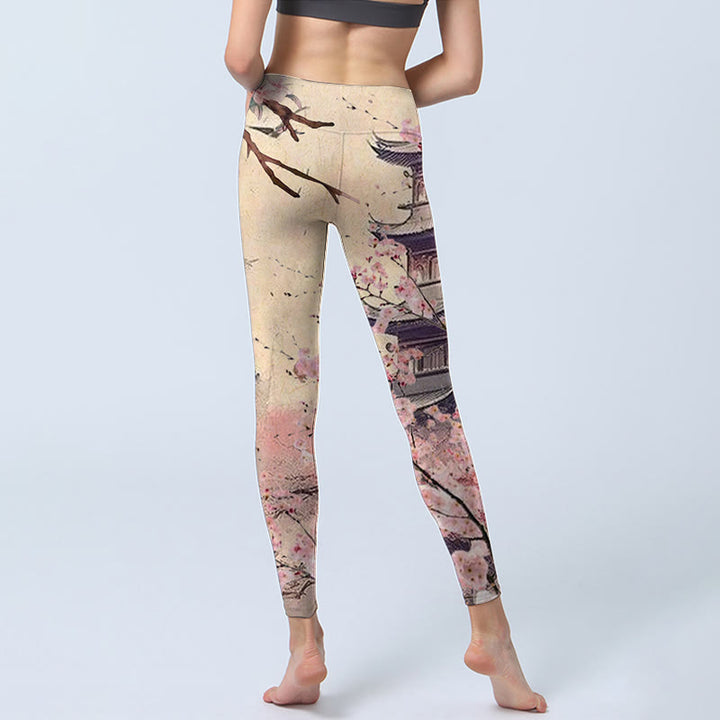 Buddha Stones Rosa Sakura Antike Gebäude Druck Fitness Leggings frauen Yoga Hosen