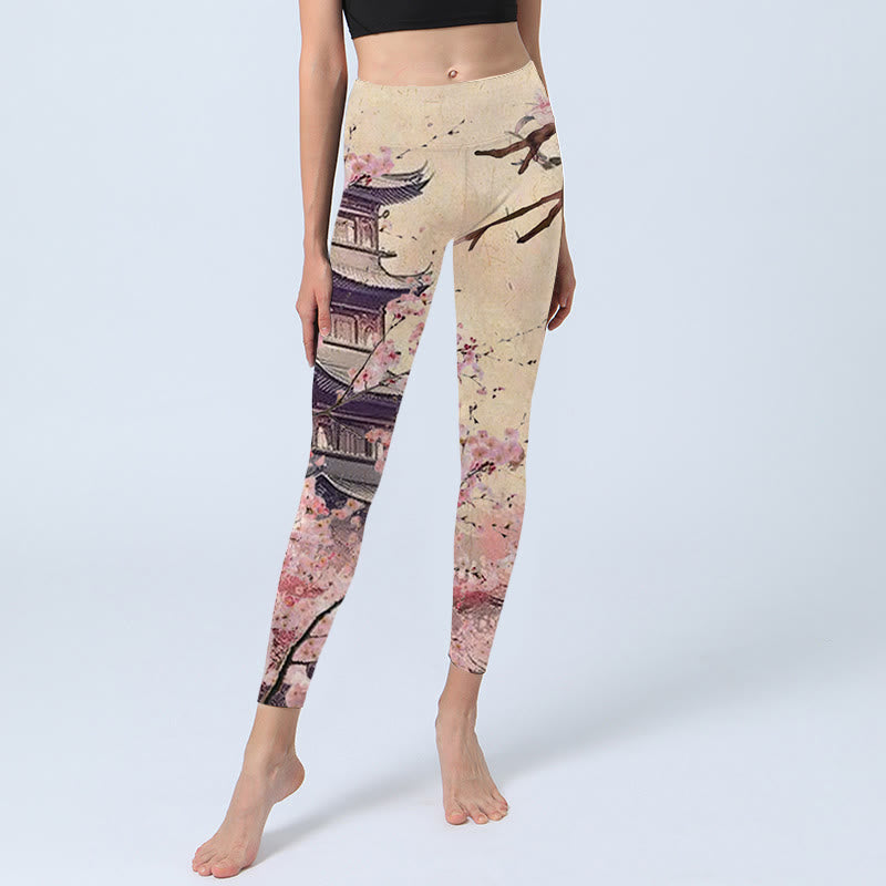 Buddha Stones Rosa Sakura Antike Gebäude Druck Fitness Leggings frauen Yoga Hosen