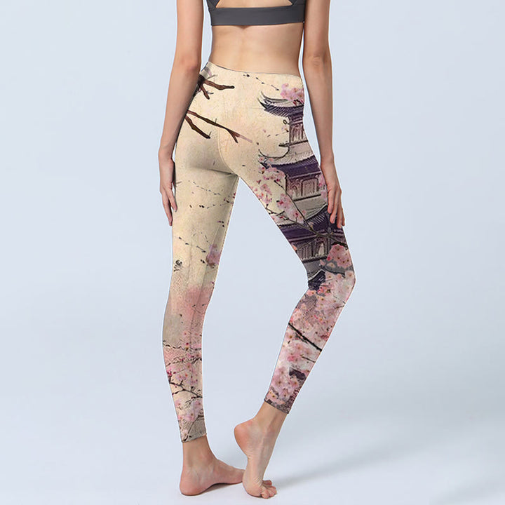 Buddha Stones Rosa Sakura Antike Gebäude Druck Fitness Leggings frauen Yoga Hosen