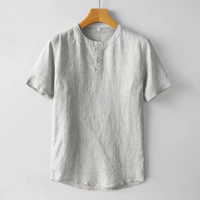 Buddha Stones Sommer Herren Einfarbiges Kurzarmhemd aus Baumwolle und Leinen mit Knöpfen - Weißer Rauch - US/ UK/AU48，EU58 (4XL) - image 9