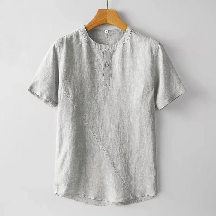 Buddha Stones Sommer Herren Einfarbiges Kurzarmhemd aus Baumwolle und Leinen mit Knöpfen - Weißer Rauch - US/ UK/AU48，EU58 (4XL) - image 9