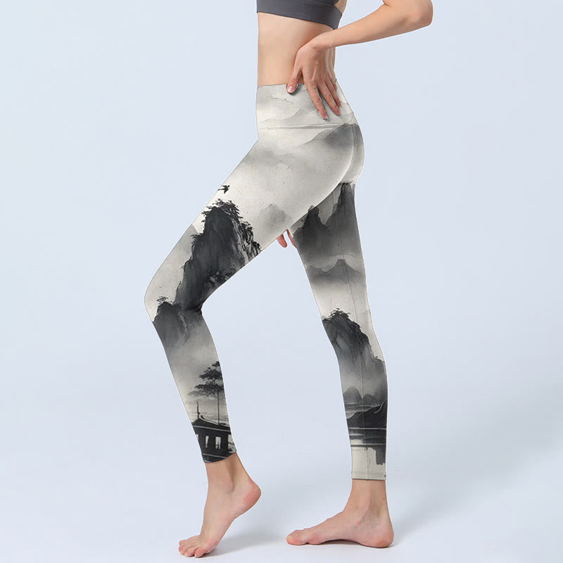 Buddha Stones Splash-Tinte Landschaftsmalerei Print Fitness Leggings Damen Yogahose