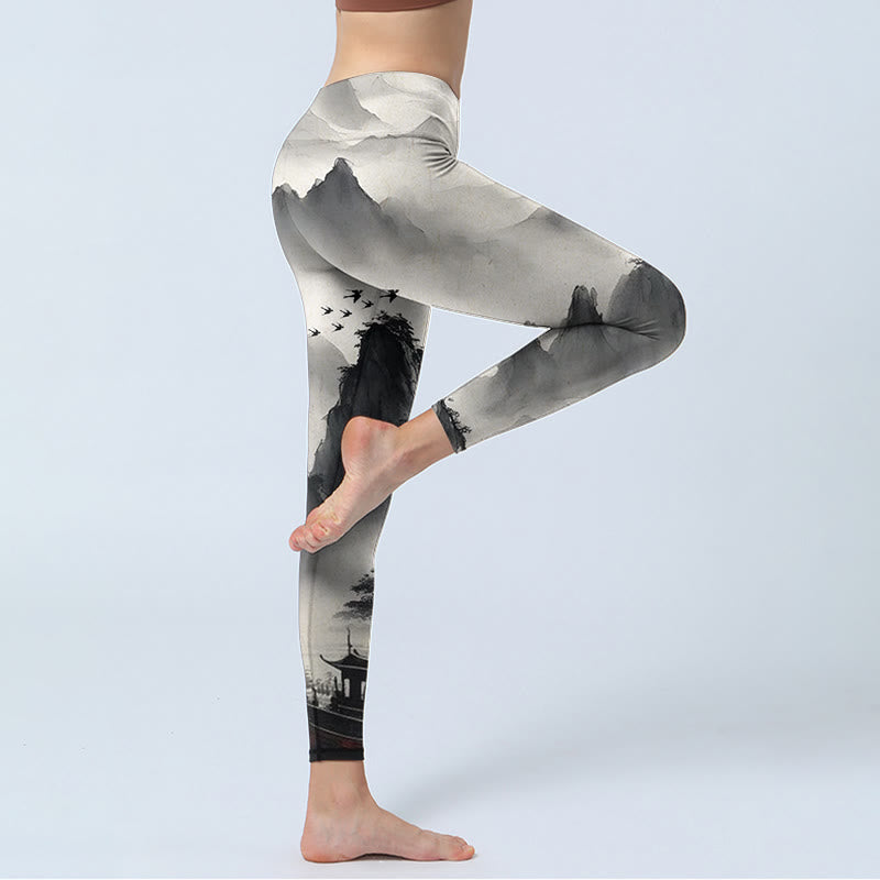 Buddha Stones Splash-Tinte Landschaftsmalerei Print Fitness Leggings Damen Yogahose