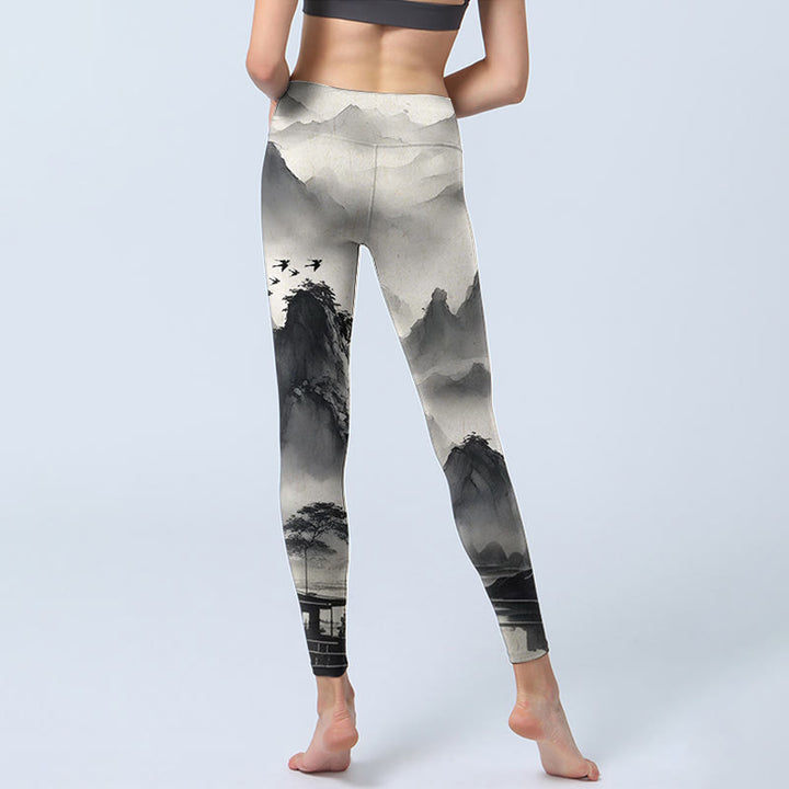 Buddha Stones Splash-Tinte Landschaftsmalerei Print Fitness Leggings Damen Yogahose