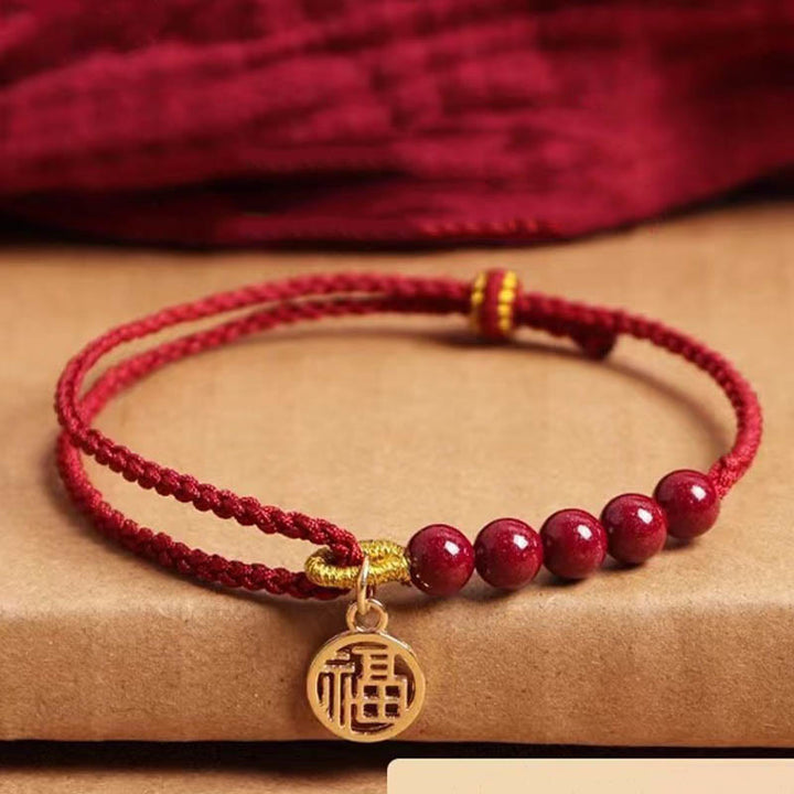 Buddha Stones Zinnober Fu Charakter Perlen Segen rote Schnur handgemachte geflochtene Armband