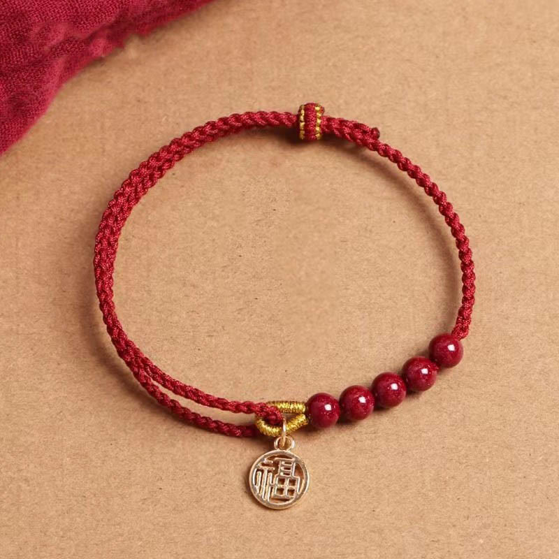 Buddha Stones Zinnober Fu Charakter Perlen Segen rote Schnur handgemachte geflochtene Armband