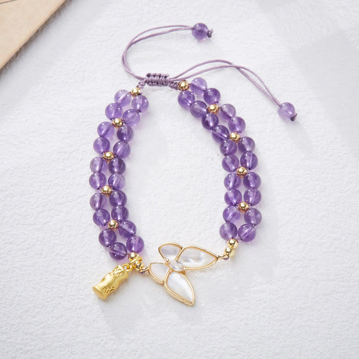 Buddha Stones Natürliches Aquamarin-Amethyst-Mondstein-Schmetterlings-Bambus-Heilarmband - Amethyst (Handgelenkumfang: ca. 14-16 cm) - image 9