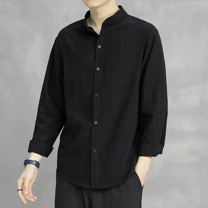 Buddha Stones Herren Langarmhemd mit Tasche Stehkragen Komfort Leinenhemd - Schwarz - US/ UK/AU46，EU56 (5XL) - image 16