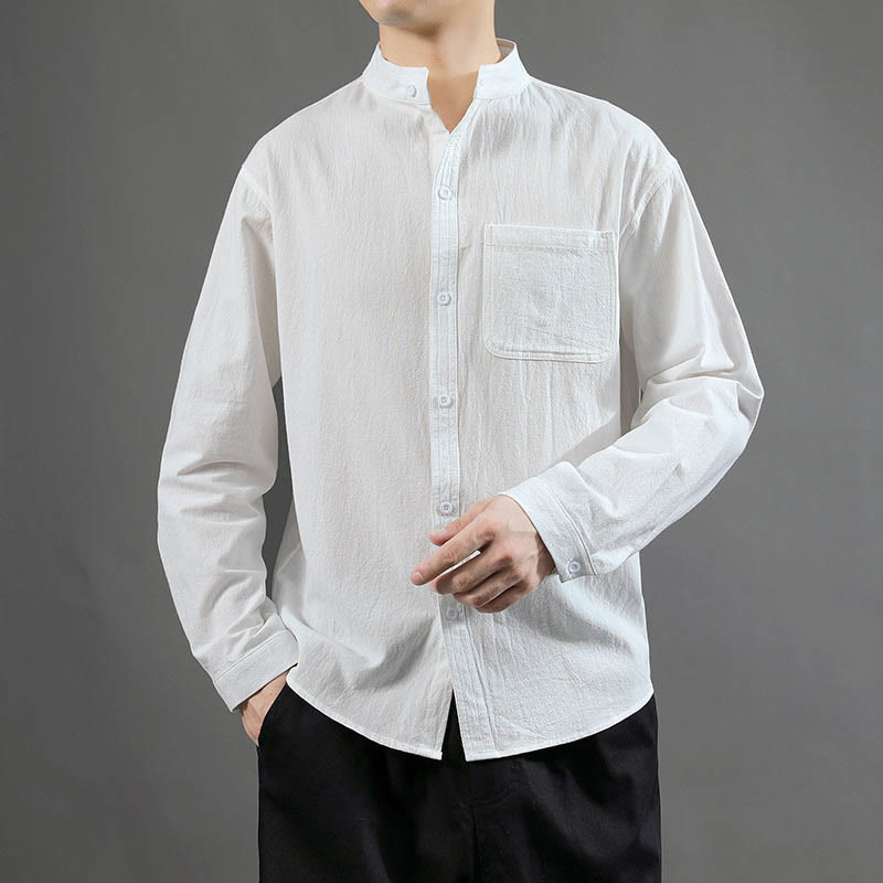 Buddha Stones Herren Langarmhemd mit Tasche Stehkragen Komfort Leinenhemd - Weiß - US/ UK/AU46，EU56 (5XL) - image 10