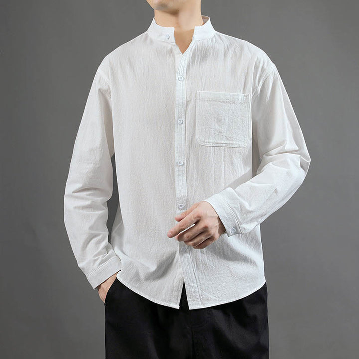 Buddha Stones Herren Langarmhemd mit Tasche Stehkragen Komfort Leinenhemd - Weiß - US/ UK/AU46，EU56 (5XL) - image 10