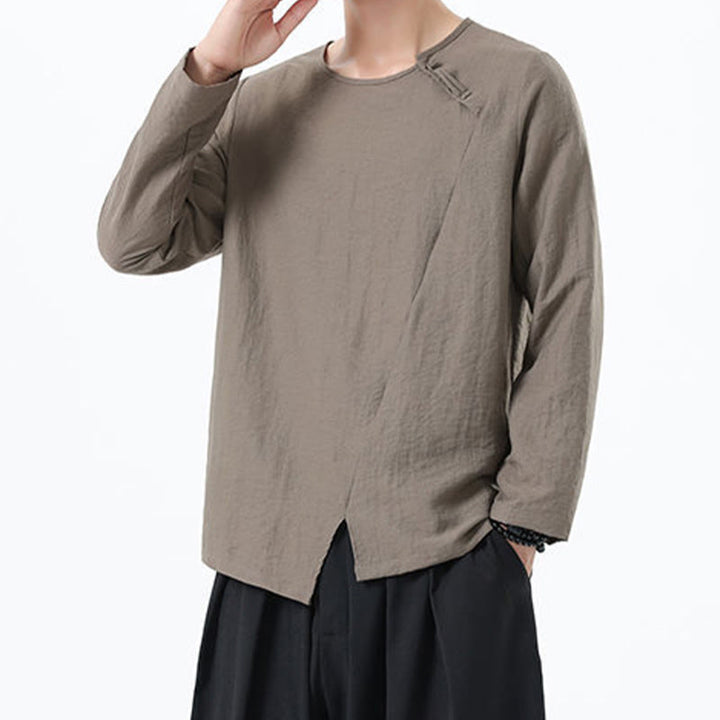 Buddha Stones Herren-Hemd mit langen Ärmeln und Rundkragen, bequem, aus Baumwolle und Leinen - image 4