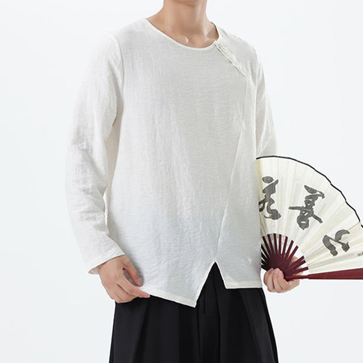 Buddha Stones Herren-Hemd mit langen Ärmeln und Rundkragen, bequem, aus Baumwolle und Leinen - image 7