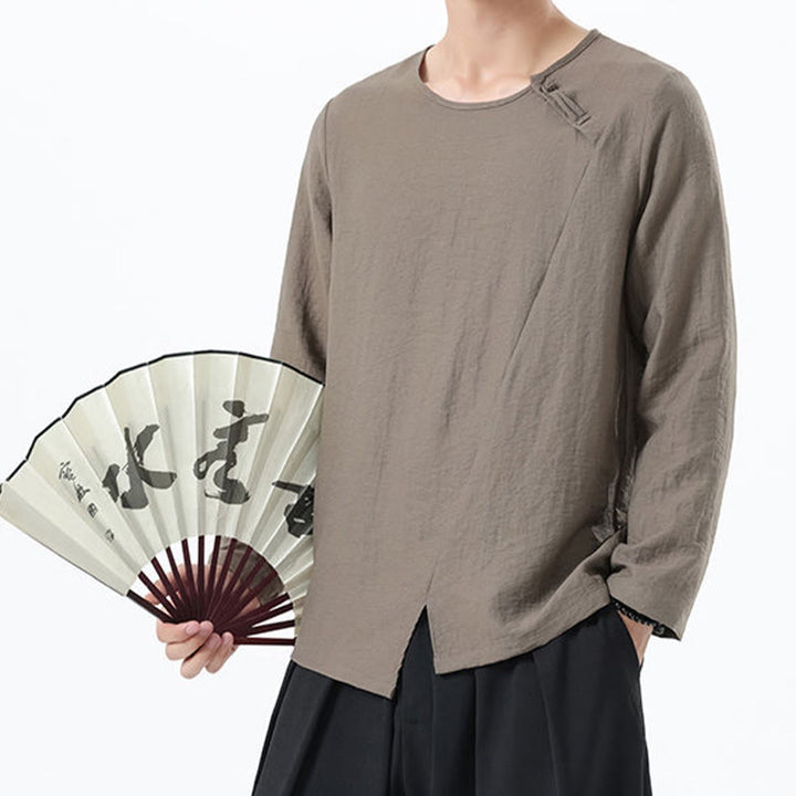 Buddha Stones Herren-Hemd mit langen Ärmeln und Rundkragen, bequem, aus Baumwolle und Leinen - image 5