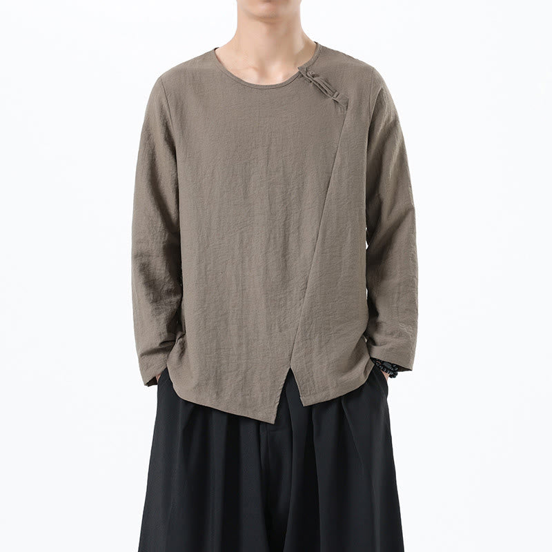 Buddha Stones Herren-Hemd mit langen Ärmeln und Rundkragen, bequem, aus Baumwolle und Leinen - Bräunen - US/UK/AU46, EU56 (5XL) - image 0