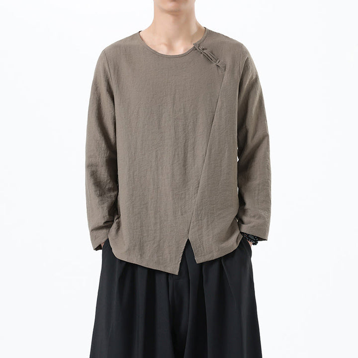 Buddha Stones Herren-Hemd mit langen Ärmeln und Rundkragen, bequem, aus Baumwolle und Leinen - Bräunen - US/UK/AU46, EU56 (5XL) - image 0