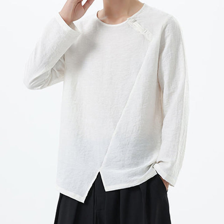 Buddha Stones Herren-Hemd mit langen Ärmeln und Rundkragen, bequem, aus Baumwolle und Leinen - image 13