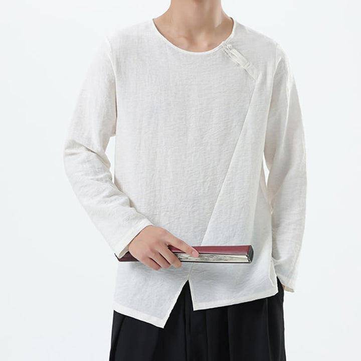 Buddha Stones Herren-Hemd mit langen Ärmeln und Rundkragen, bequem, aus Baumwolle und Leinen - image 9