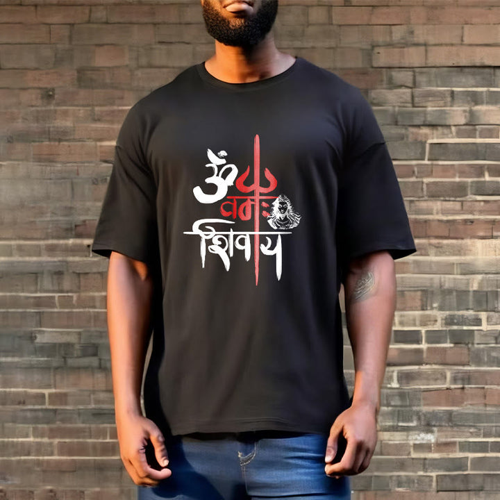 T-Shirt mit Buddha Stones, OM NAMAH SHIVAYA, rotes Trident-Baumwoll-T-Shirt