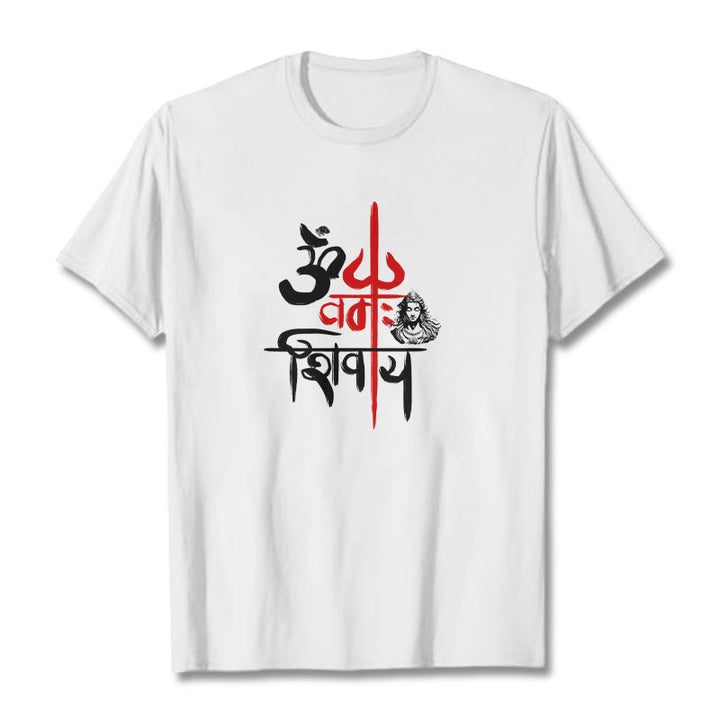 T-Shirt mit Buddha Stones, OM NAMAH SHIVAYA, rotes Trident-Baumwoll-T-Shirt