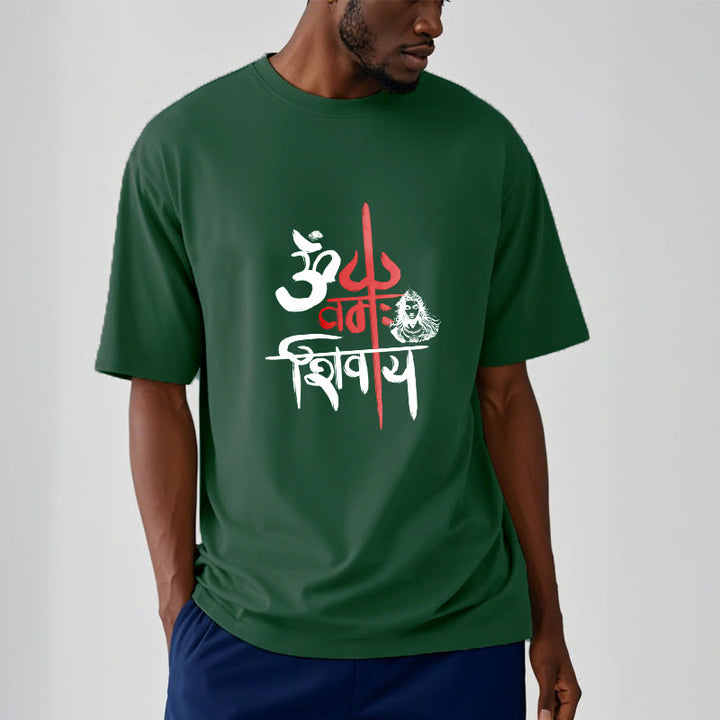 T-Shirt mit Buddha Stones, OM NAMAH SHIVAYA, rotes Trident-Baumwoll-T-Shirt