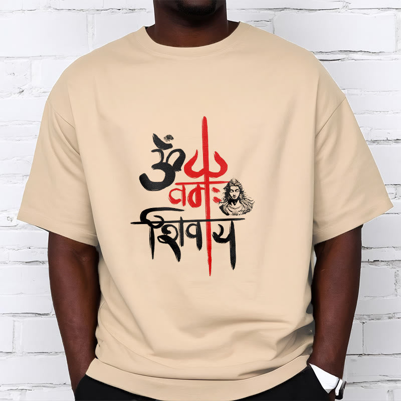 T-Shirt mit Buddha Stones, OM NAMAH SHIVAYA, rotes Trident-Baumwoll-T-Shirt