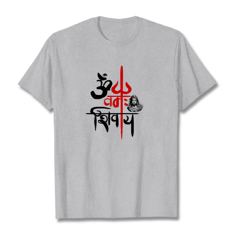 T-Shirt mit Buddha Stones, OM NAMAH SHIVAYA, rotes Trident-Baumwoll-T-Shirt