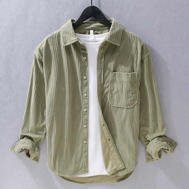 Buddha Stones Herren Langarm Umlegekragen mit Tasche Cord Freizeithemd - Dunkelkhaki - US/UK/AU42, EU52 (3XL) - image 1