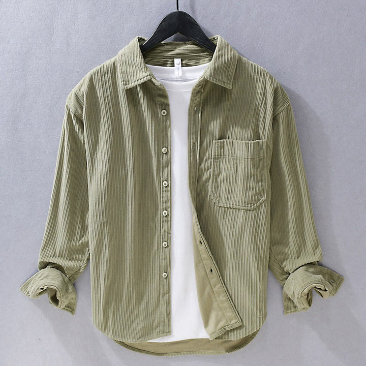 Buddha Stones Herren Langarm Umlegekragen mit Tasche Cord Freizeithemd - Dunkelkhaki - US/UK/AU42, EU52 (3XL) - image 1