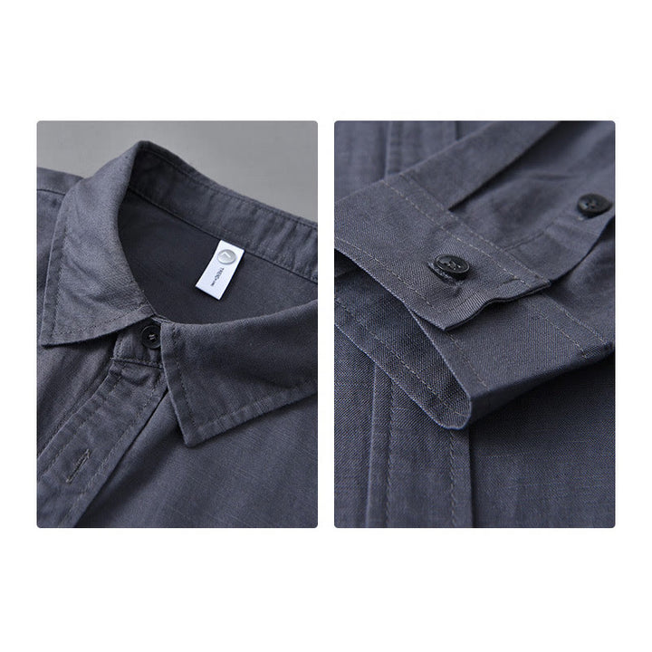 Buddha Stones Herren Langarm Umlegekragen mit Tasche Reine Farbe Bequemes Baumwollhemd - image 31