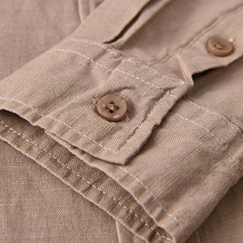 Buddha Stones Herren Langarm Umlegekragen mit Tasche Reine Farbe Bequemes Baumwollhemd - image 22