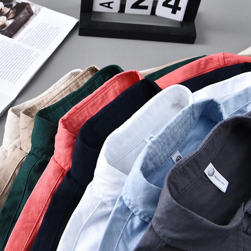 Buddha Stones Herren Langarm Umlegekragen mit Tasche Reine Farbe Bequemes Baumwollhemd - image 1