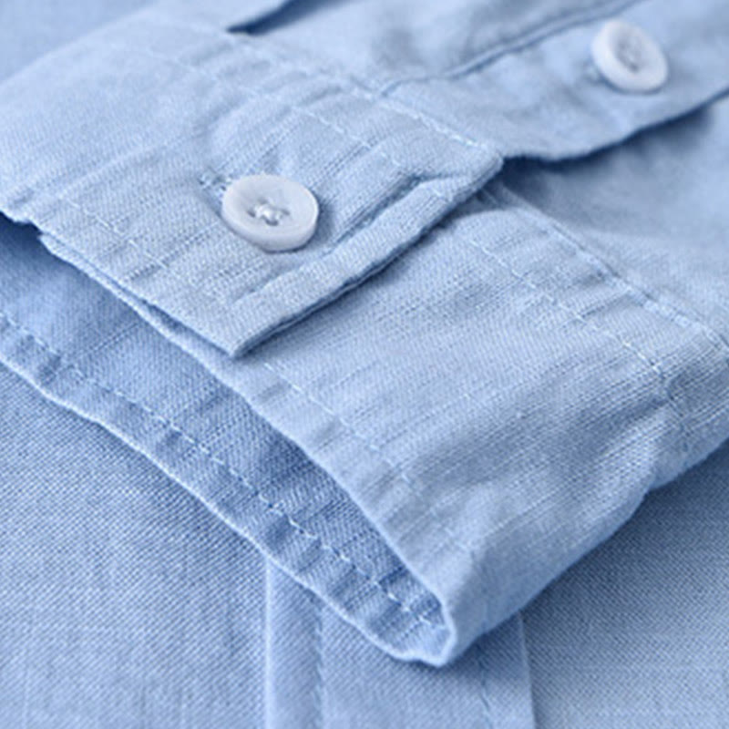 Buddha Stones Herren Langarm Umlegekragen mit Tasche Reine Farbe Bequemes Baumwollhemd - image 18