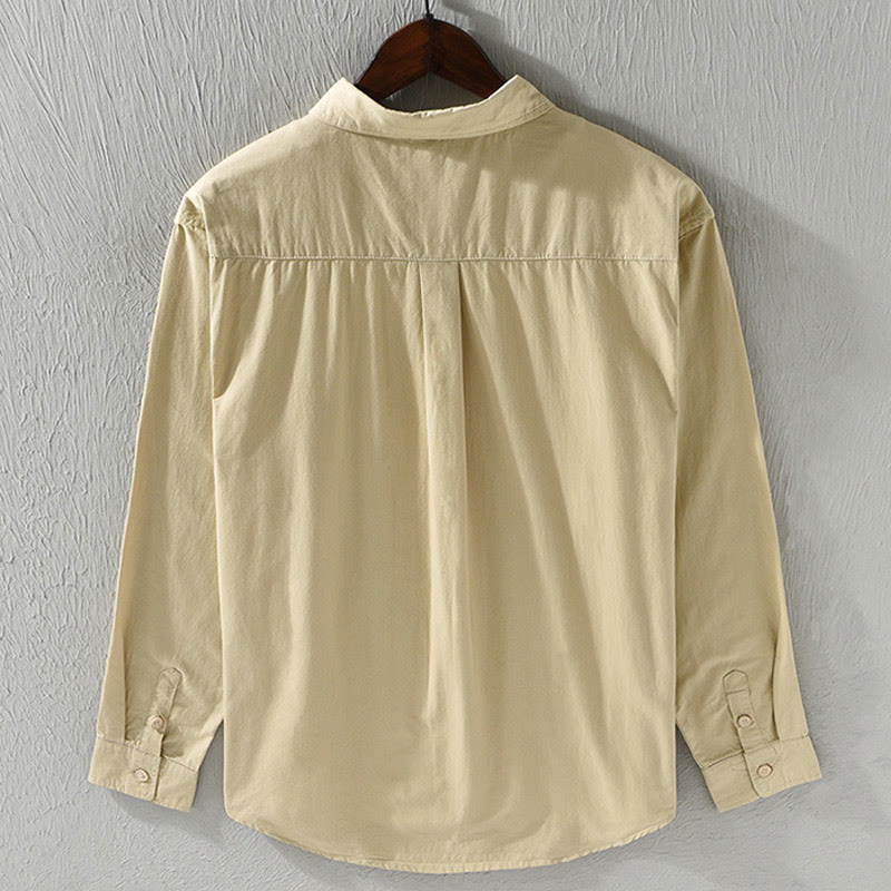 Buddha Stones Herren Langarm Umlegekragen mit Tasche Reine Farbe Lässiges Baumwollhemd - image 2