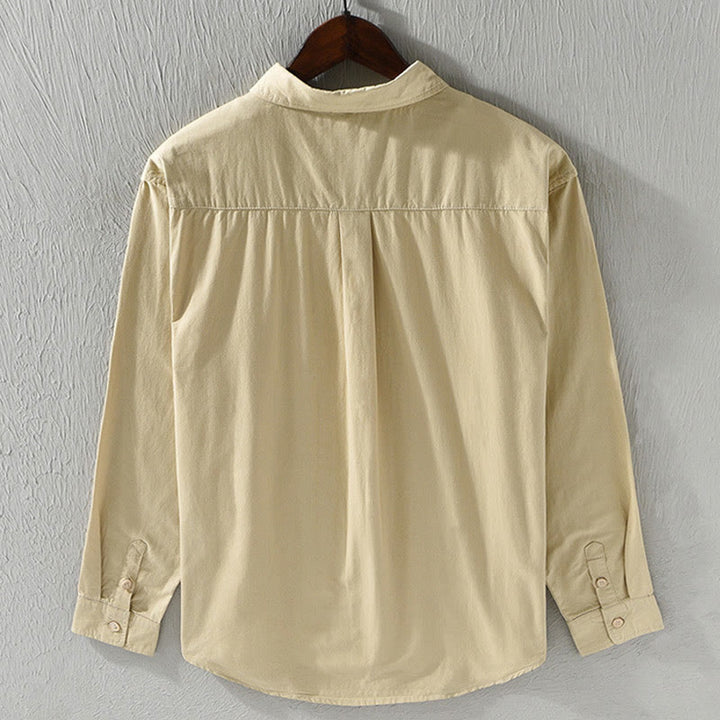 Buddha Stones Herren Langarm Umlegekragen mit Tasche Reine Farbe Lässiges Baumwollhemd - image 2