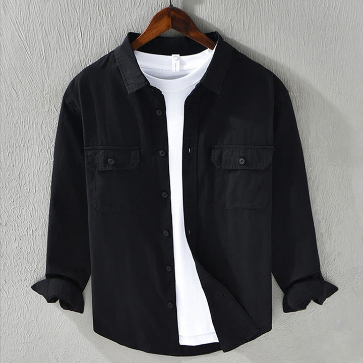 Buddha Stones Herren Langarm Umlegekragen mit Tasche Reine Farbe Lässiges Baumwollhemd - Schwarz - US/ UK/AU46, EU56 (5XL) - image 15